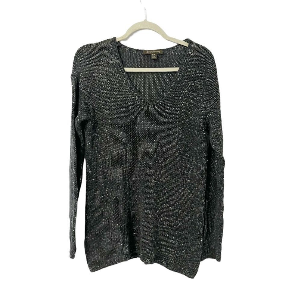🟢Tommy Bahama Dark Gray Silver Metallic V Neck Knit Sweater Size SP